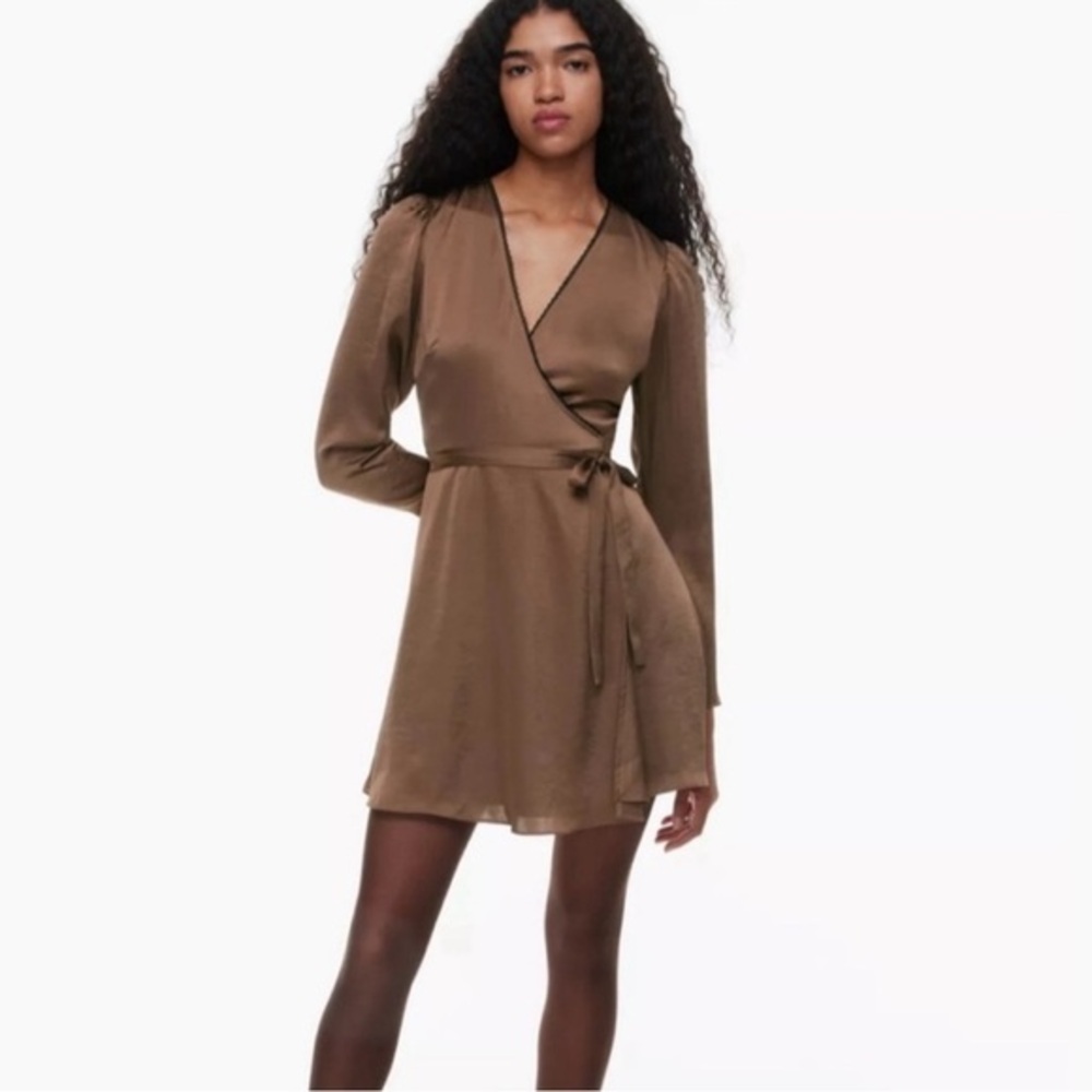 Aritzia Wilfred Mademoiselle Satin Longsleeve Dress in the color "Cocoa Bean".